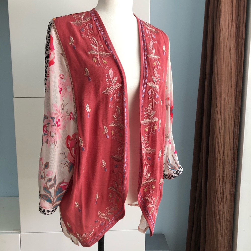 VINCENTE Embroidered Floral Kimono Duster Cardigan S/M